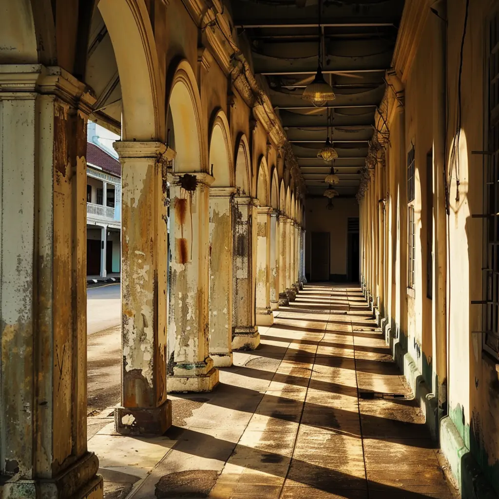 Arched colonial walkway in historical Phuket, sunlit with shadows