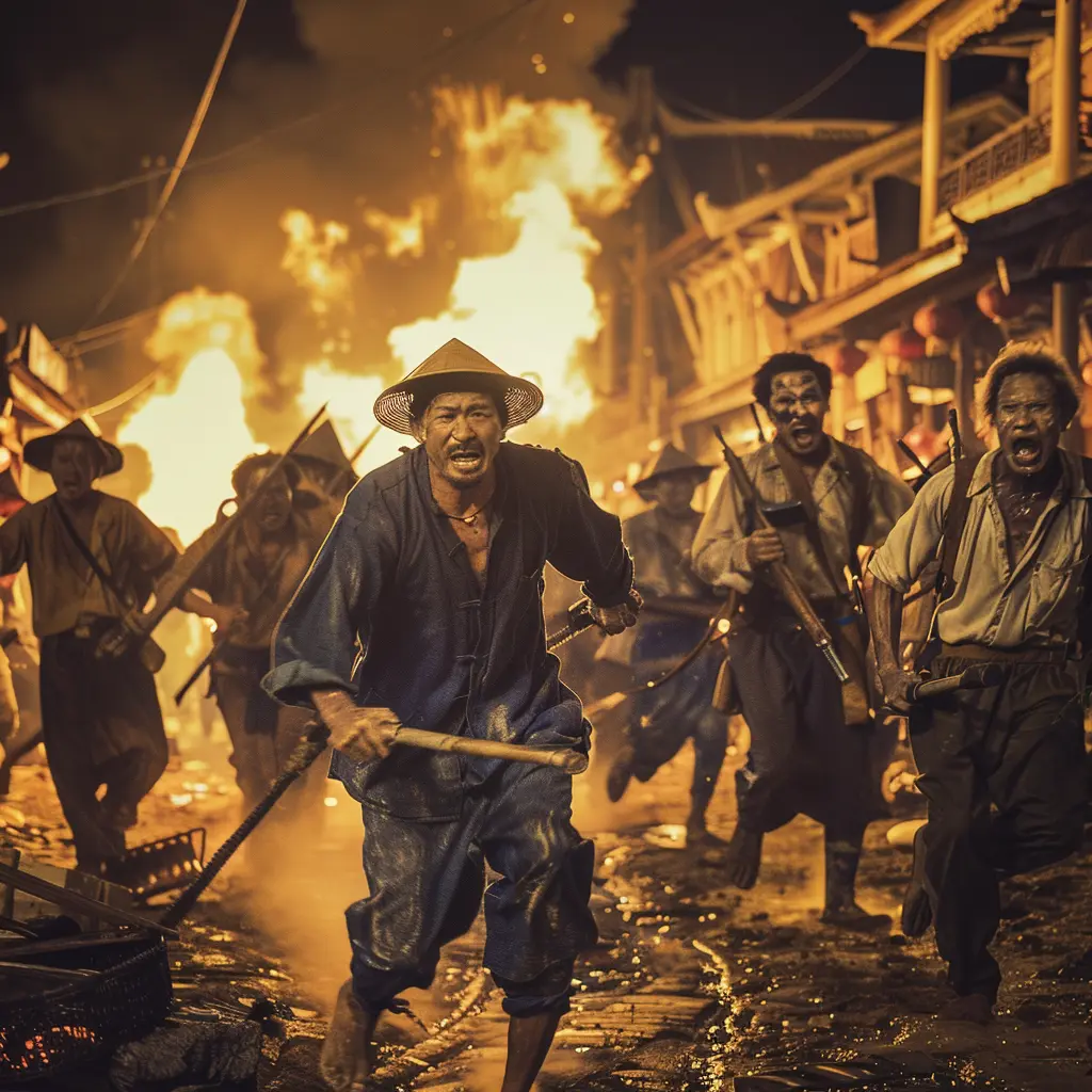 Men in traditional clothing flee through a burning street, a scene from historical Phuket.