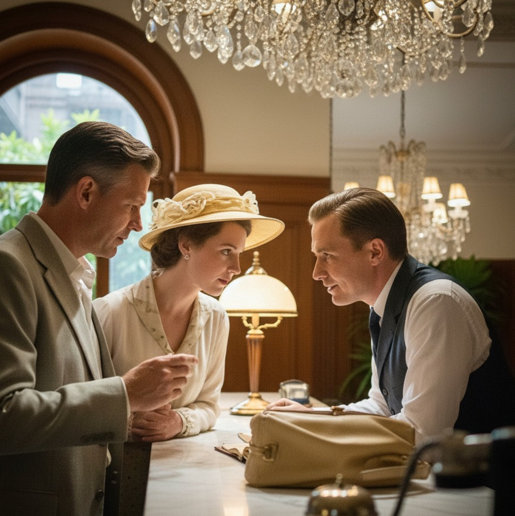 Hotel scene: Woman in hat checks in with two men at the front desk, chandelier overhead.