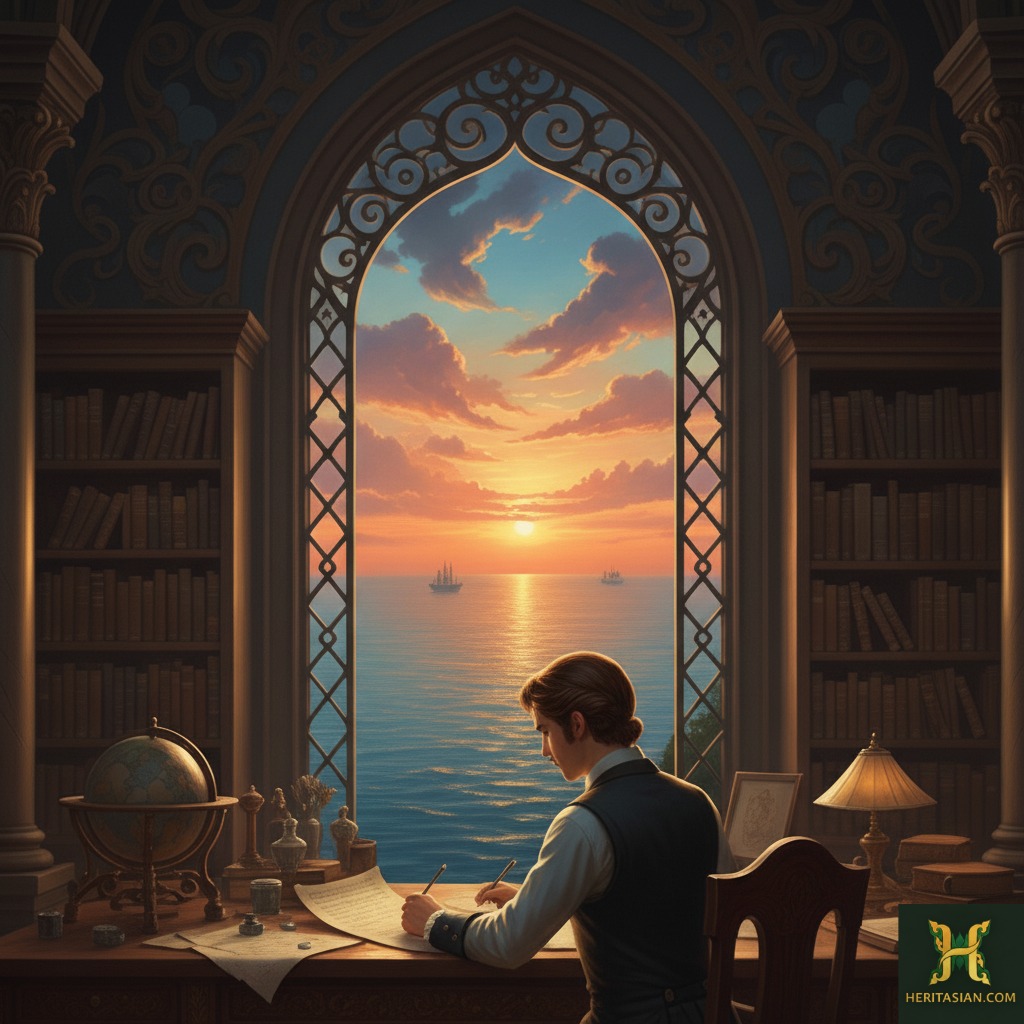 Sir Stamford Raffles writing at a desk overlooking the sea at sunset in a grand library.