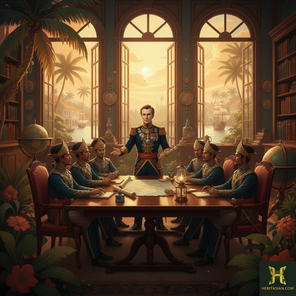 Sir Stamford Raffles meeting with local leaders, discussing plans with a map on the table.