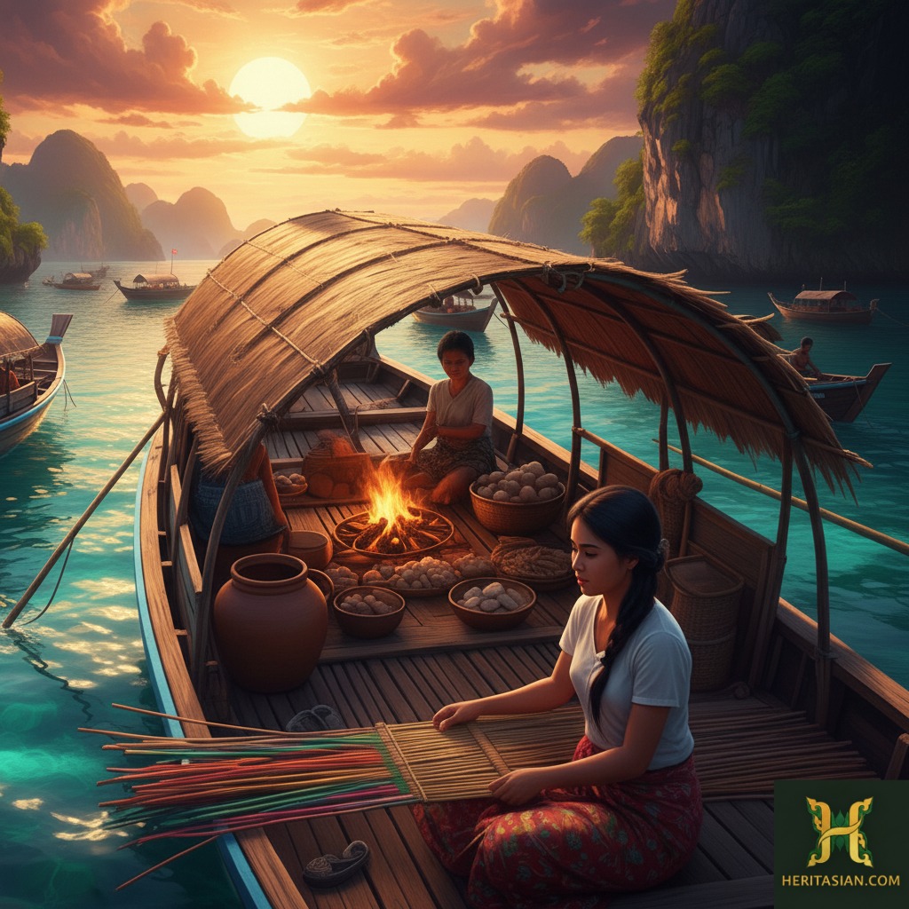 Thai woman on a boat cooking food with a fire, stunning sunset background
