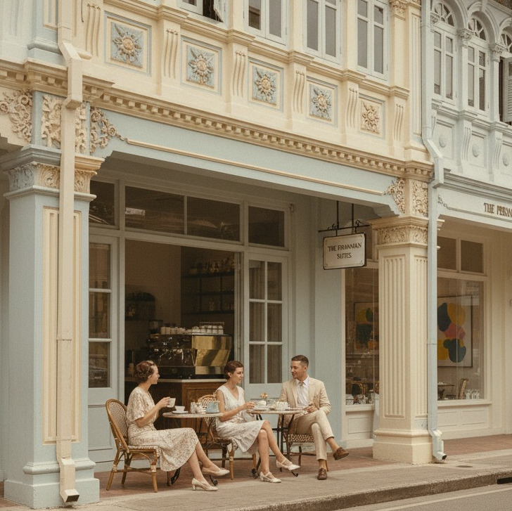 People at cafe outside Peranakan Suites, a shophouse chic heritage stay in Southeast Asia. HERITAGIAN.COM watermark.