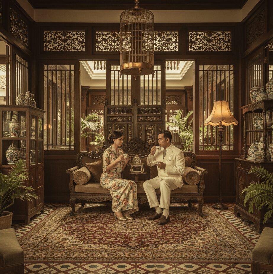 Couple in a Southeast Asian heritage stay, enjoying tea in a shophouse-style room.