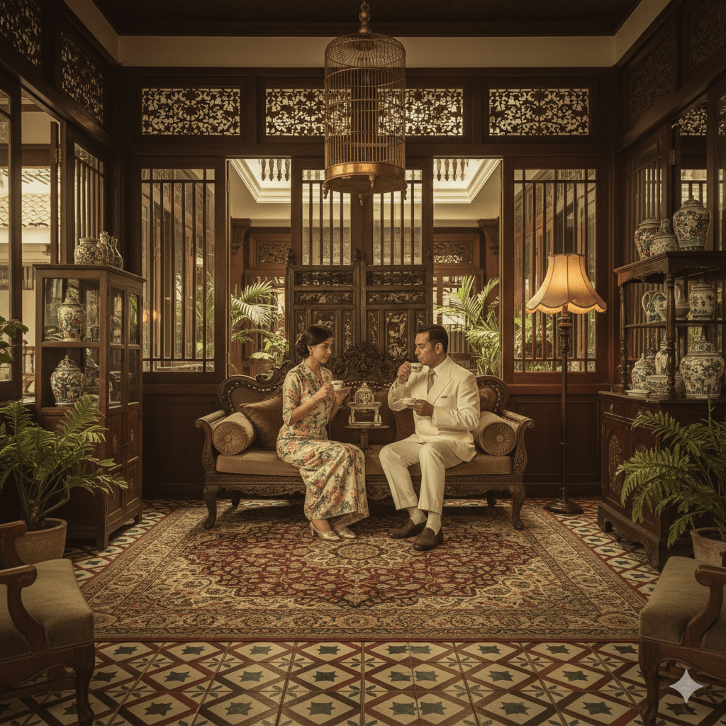 Couple in a Southeast Asian heritage stay, enjoying tea in a shophouse-style room.