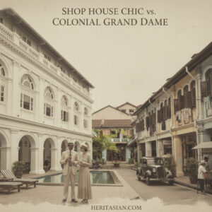 Shophouse Chic vs. Colonial Grand Dame: Heritage architecture in Southeast Asia with vintage car and period-dressed couple.