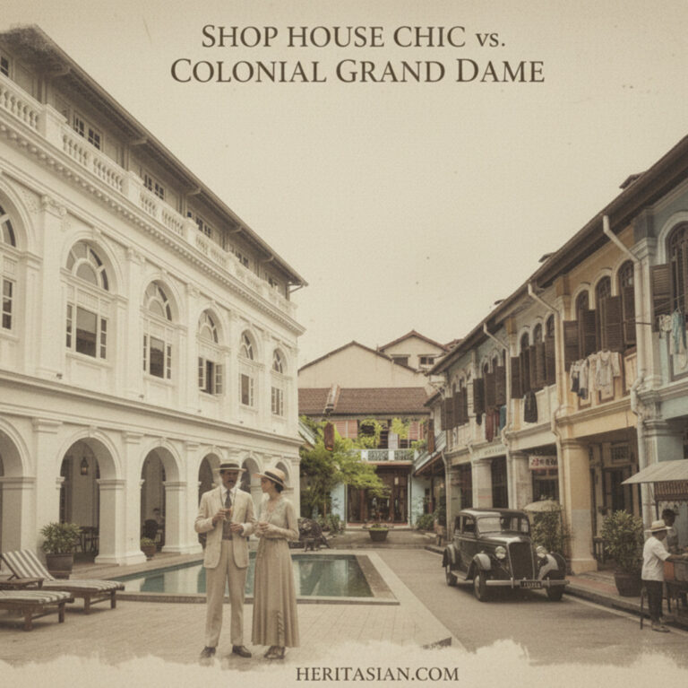 Shophouse Chic vs. Colonial Grand Dame: Heritage architecture in Southeast Asia with vintage car and period-dressed couple.