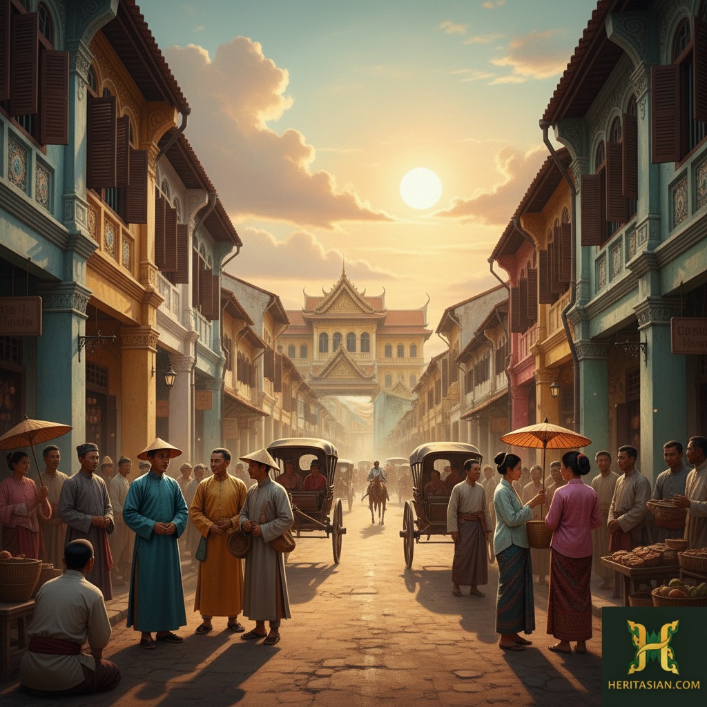 Historic Phuket street scene with traditional architecture, people in period clothing, and horse-drawn carriages.