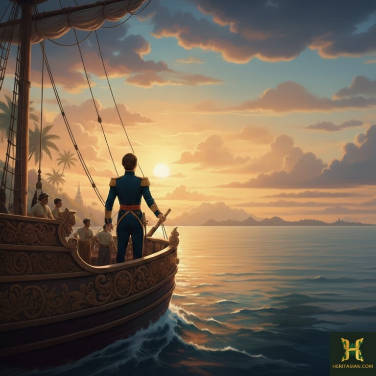 Sir Stamford Raffles on a ship, gazing at the horizon. Sunset scene.