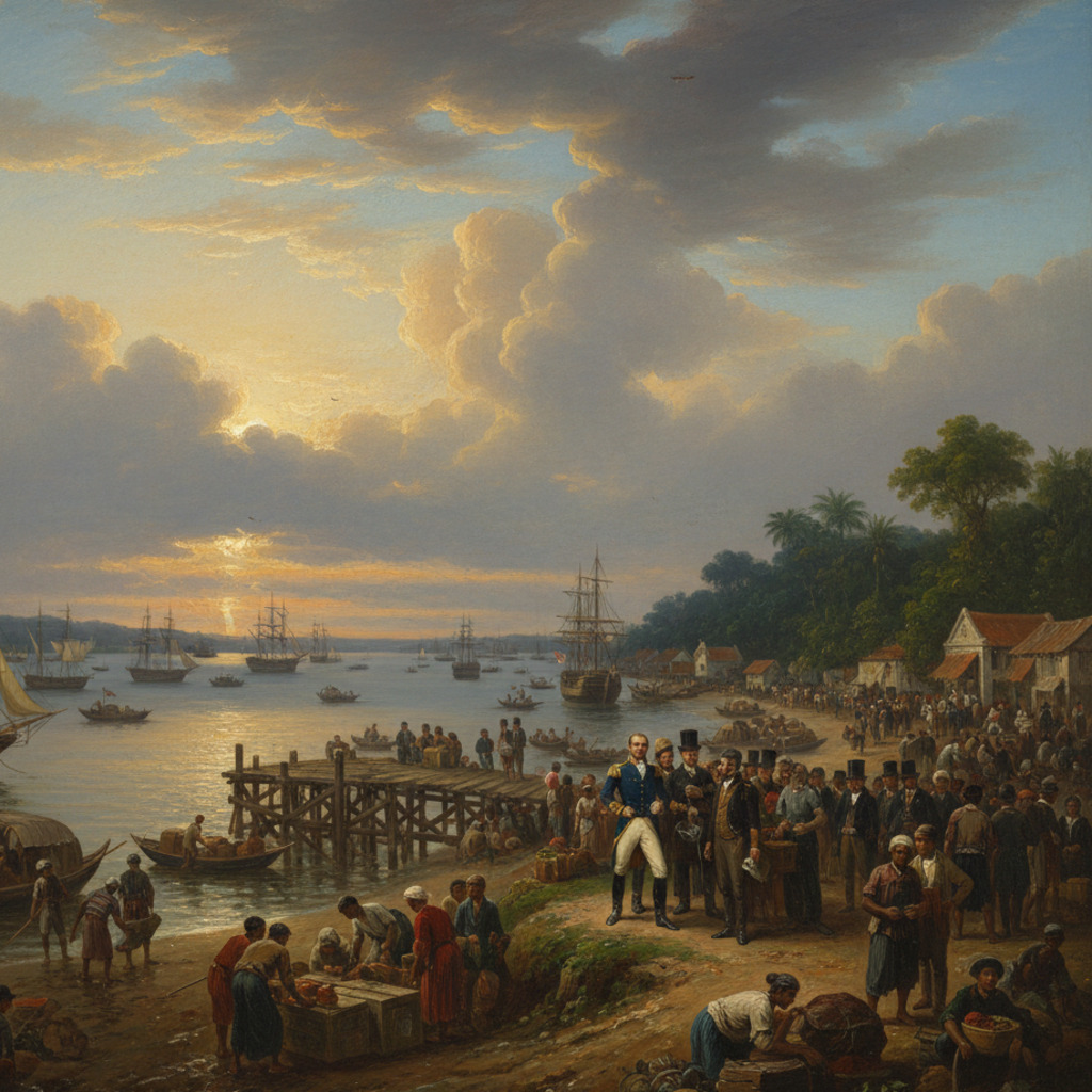 Sunset view of a colonial-era port with ships and workers, reflecting Sir Stamford Raffles' influence.