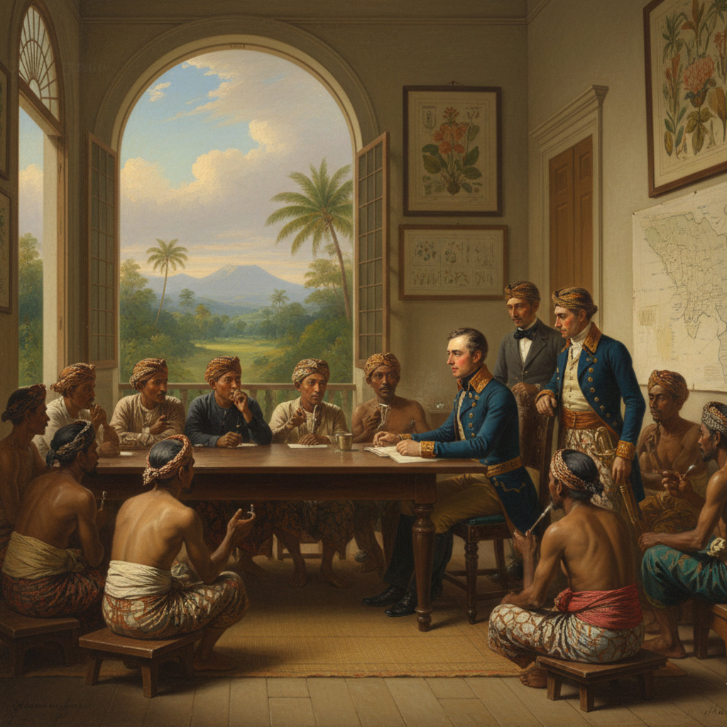 Sir Stamford Raffles meeting with local leaders, discussing plans with a map on the table.