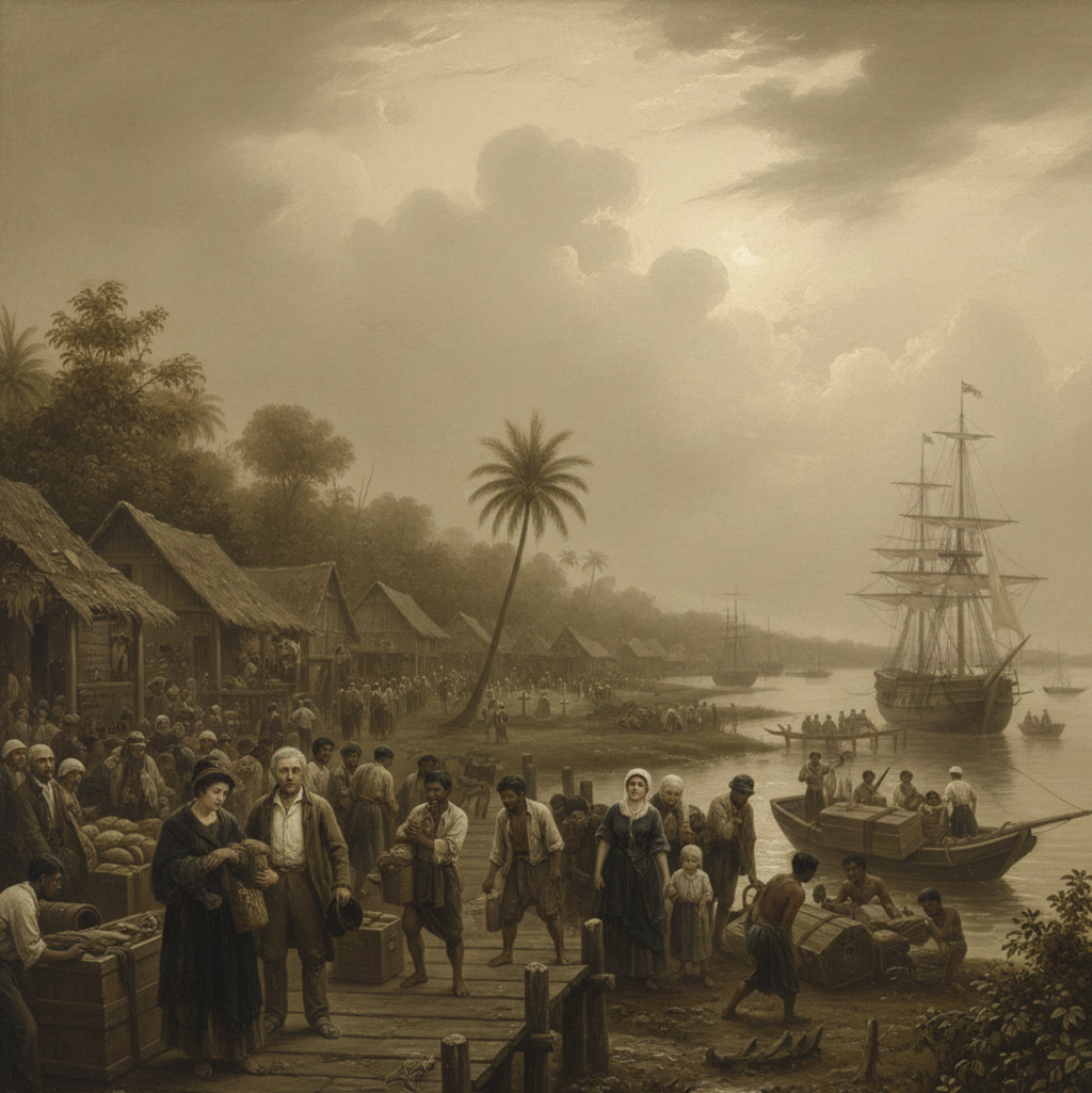 Historical illustration of a bustling port with ships and workers, possibly related to Sir Stamford Raffles.