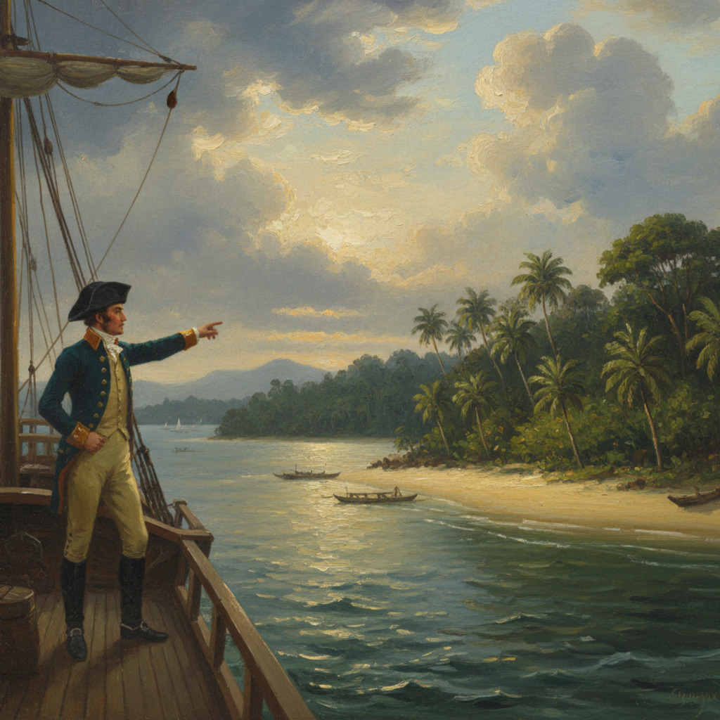 Stamford Raffles points to land from a ship, likely Singapore. Tropical island scene.