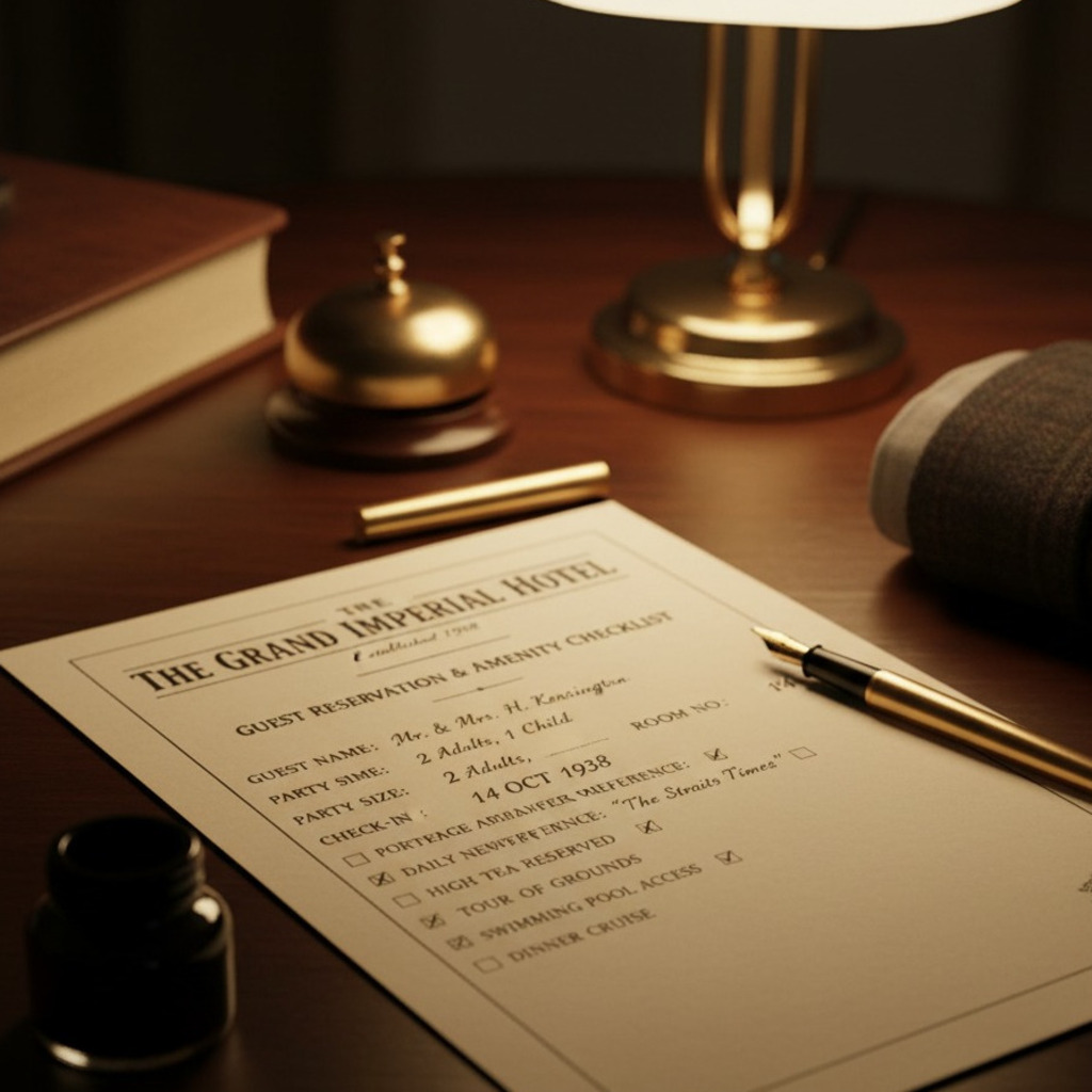 Hotel reservation checklist at The Grand Imperial Hotel, circa 1938. Booking an experience.