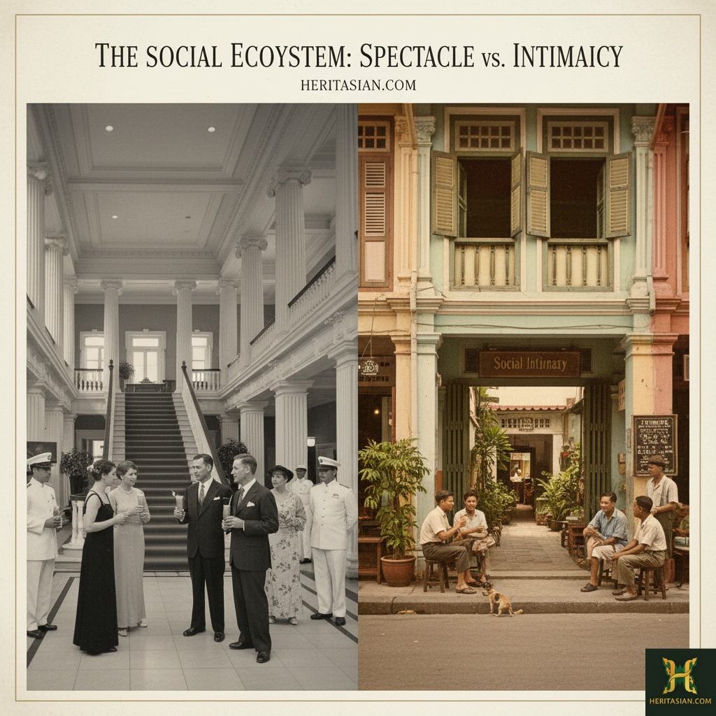 Southeast Asia heritage stays: Shophouse facade with "Social Intimacy" vs. colonial hall with people.
