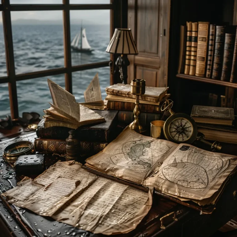 Stamford Raffles' study: antique maps, books, compass, and sea view.