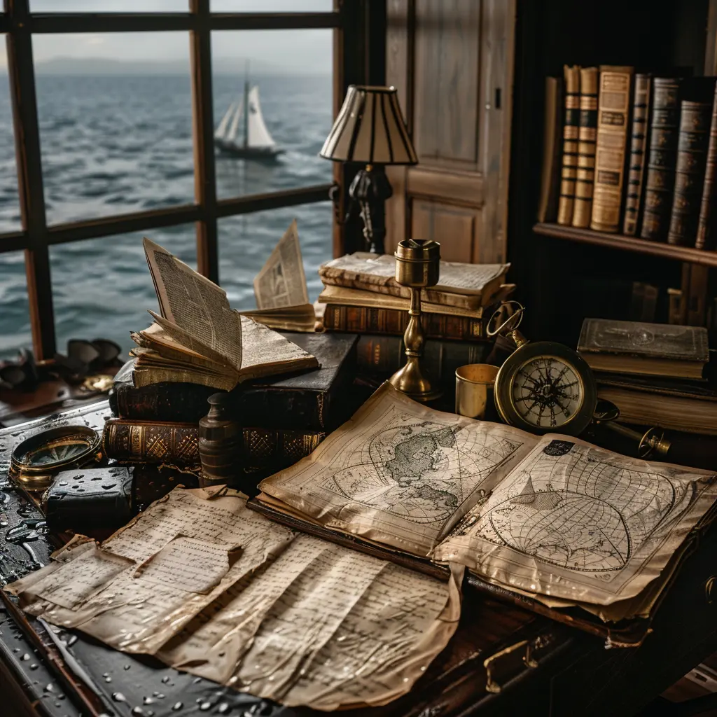 Stamford Raffles' study: antique maps, books, compass, and sea view.