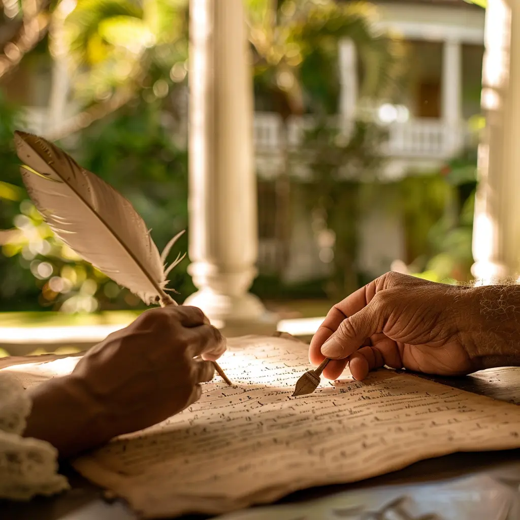 Stamford Raffles' hands writing with a quill on aged parchment