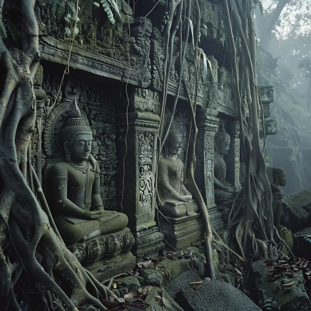 Ancient stone Buddha statues overgrown with tree roots in a misty jungle