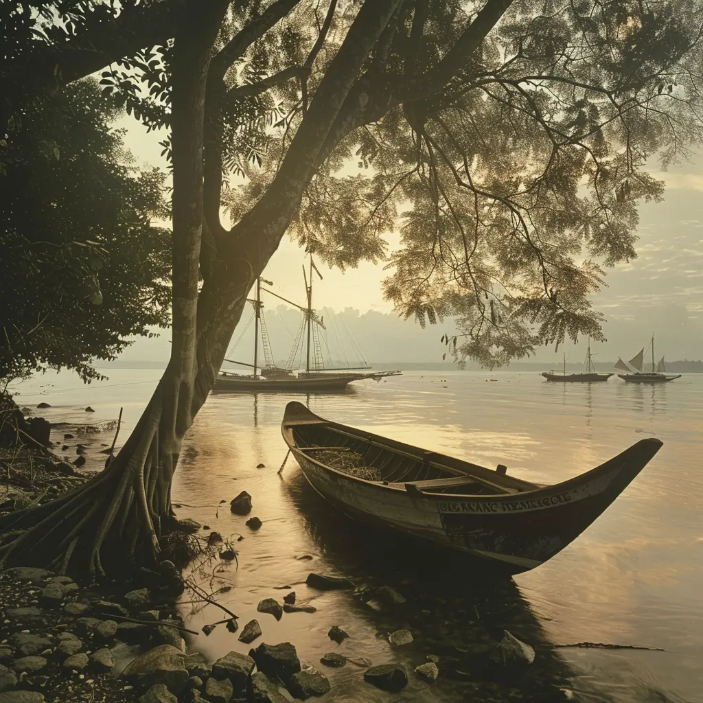 Stamford Raffles era boat anchored by a tree-lined riverbank at sunrise.