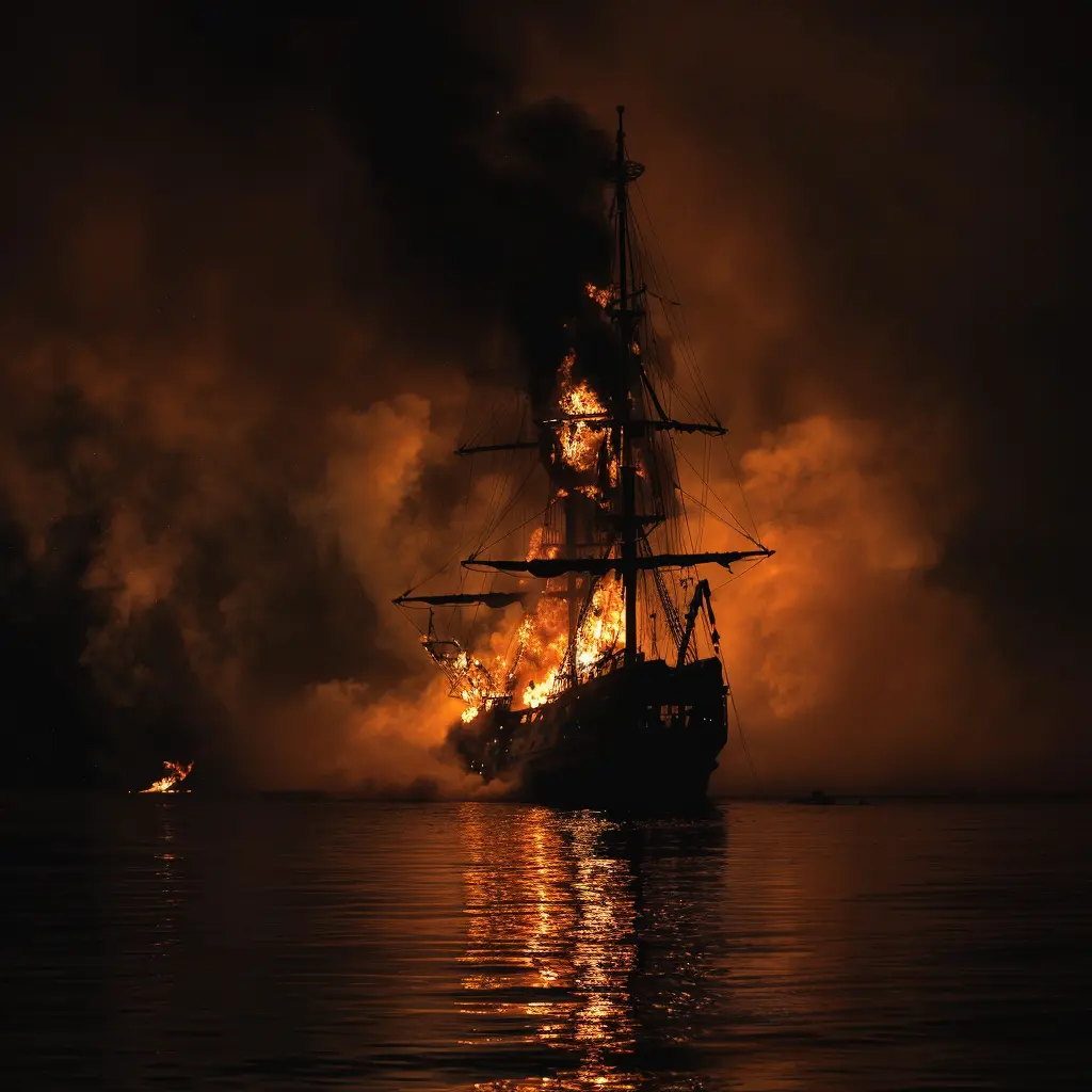 Burning ship at sea, dramatic fiery scene