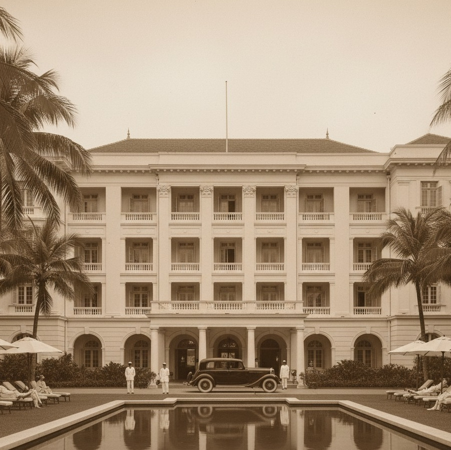 Raffles Hotel Singapore, a colonial grandeur heritage stay, reflected in a pool with staff and vintage car.