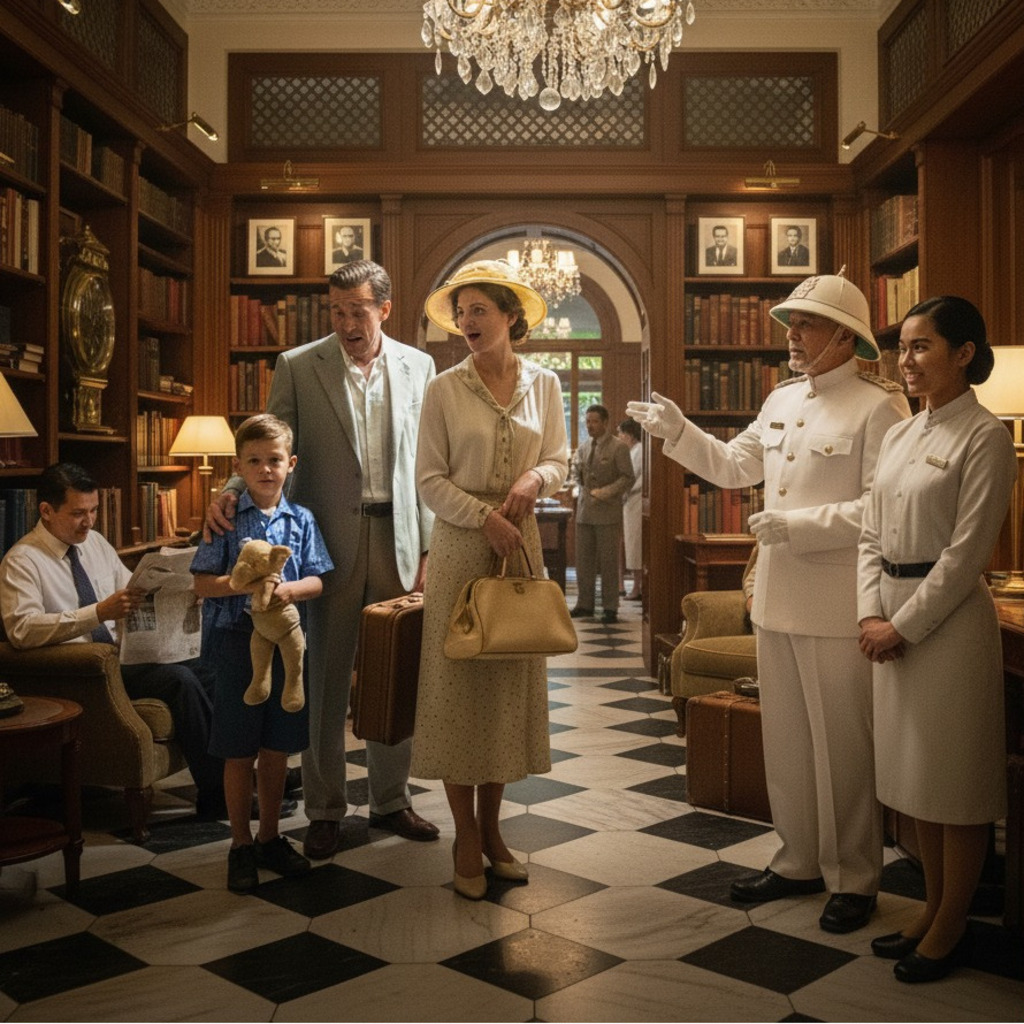 Family checking into a grand hotel with a library, evoking a luxurious travel experience.