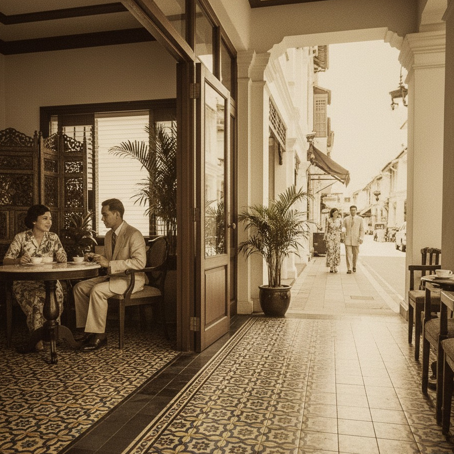 Vintage-style photo of a couple in a shophouse cafe, showcasing colonial grandeur and heritage stays in Southeast Asia.
