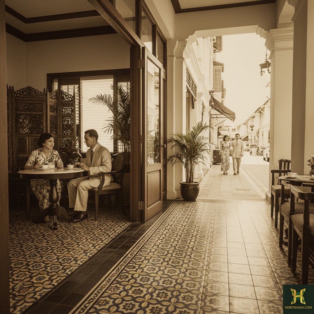 Vintage-style photo of a couple in a shophouse cafe, showcasing colonial grandeur and heritage stays in Southeast Asia.