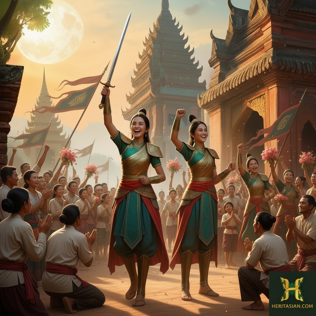 Thai warriors celebrate victory with swords in a historic Phuket setting, honoring heritage.