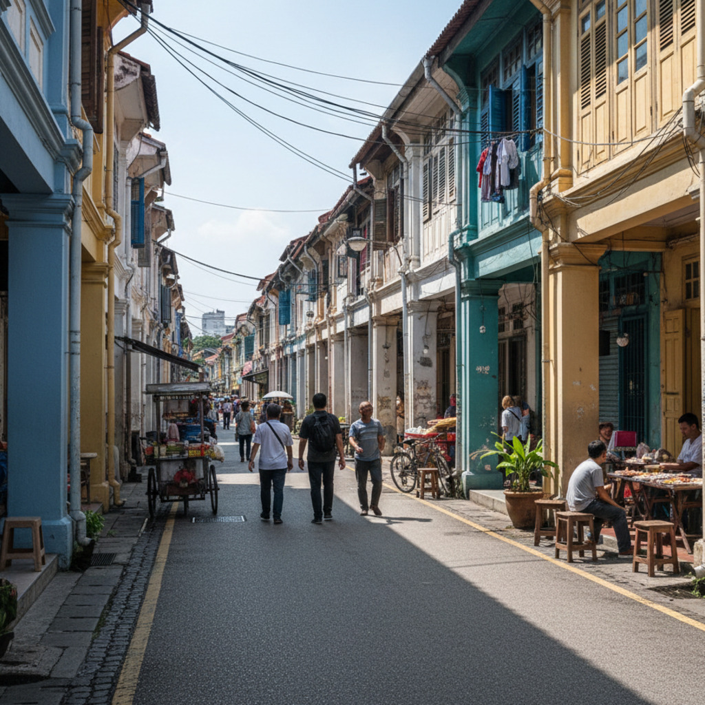 Street view of adaptive reuse architecture in Singapore, featuring historic buildings and pedestrians with umbrellas.