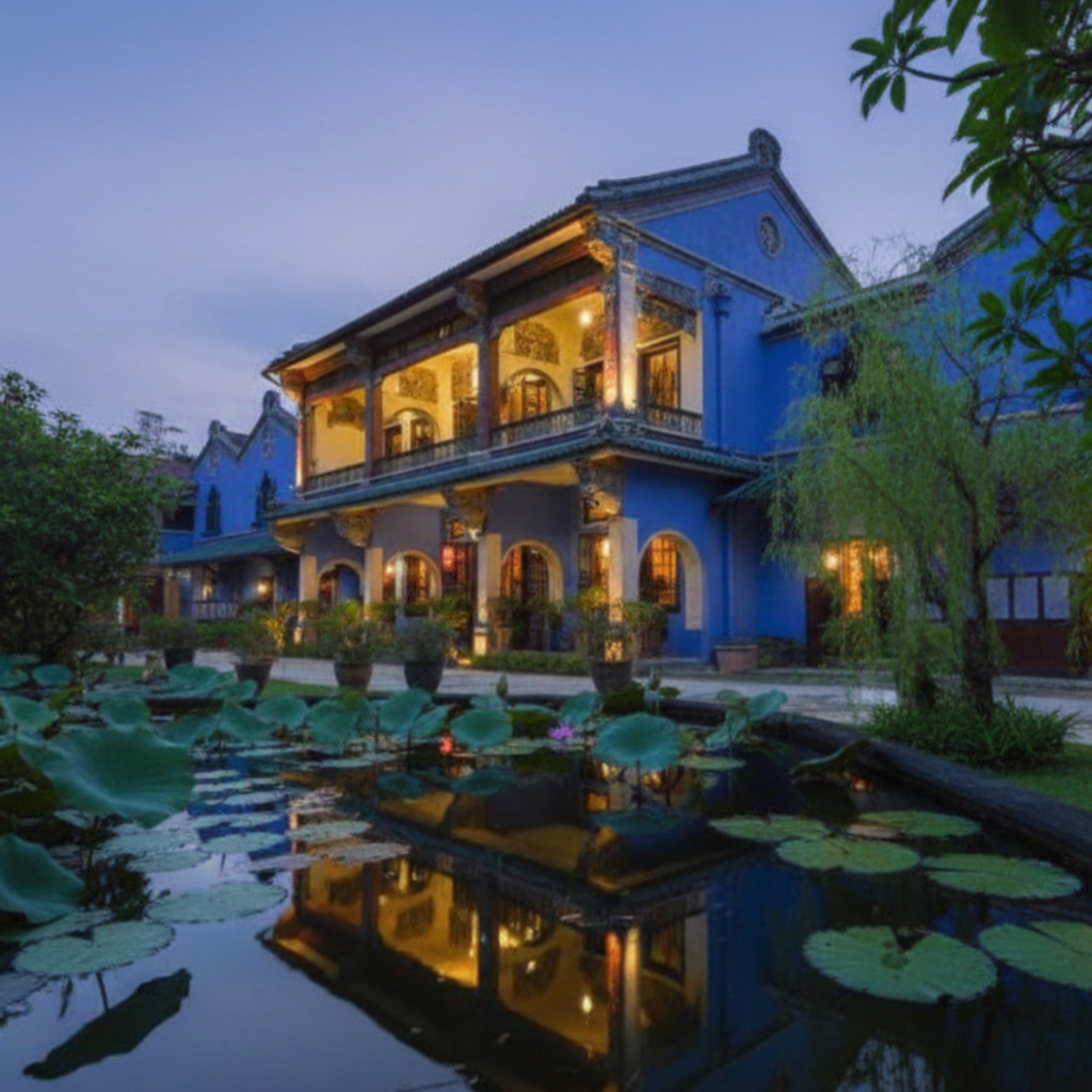 The Blue Mansion Penang reflecting in a lily pond at dusk. Heritage architecture with illuminated balconies.