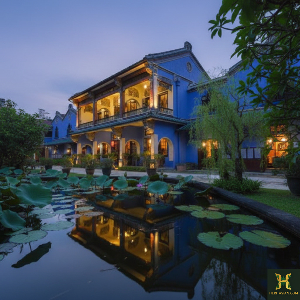 The Blue Mansion Penang reflecting in a lily pond at dusk. Heritage architecture with illuminated balconies.