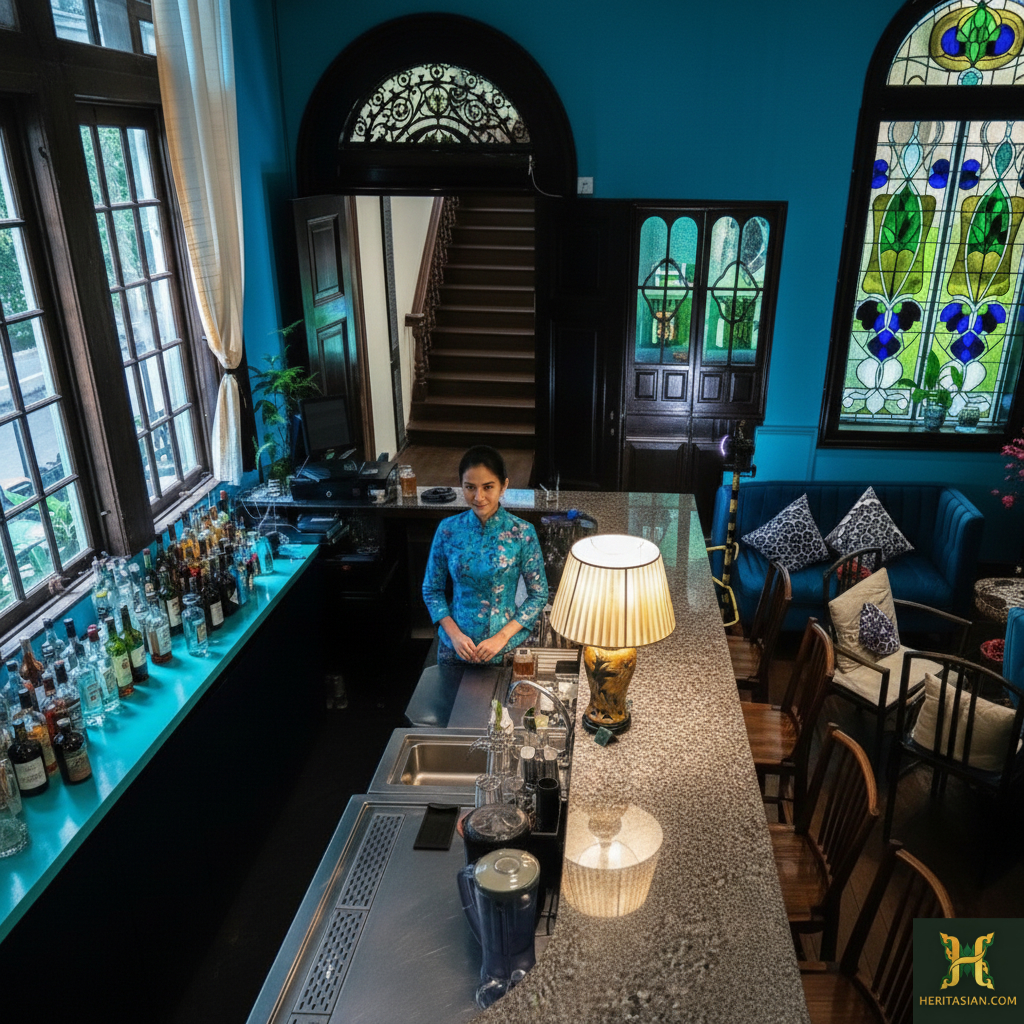 Bartender at the Blue Mansion Penang bar with blue walls and stained glass.