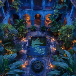 Blue Mansion Penang courtyard view with a pond, lush plants, and warm lighting.