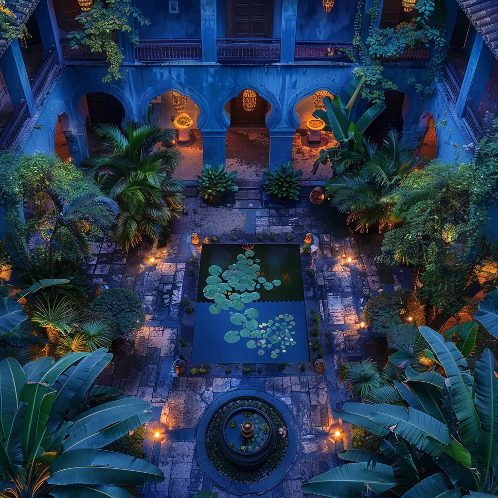 Blue Mansion Penang courtyard view with a pond, lush plants, and warm lighting.