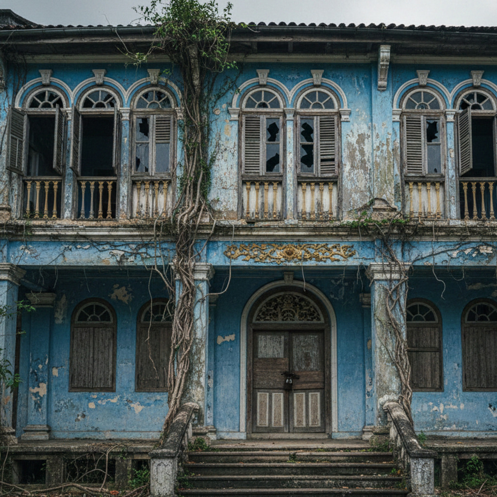 The Blue Mansion Penang: weathered facade with vines and broken windows.