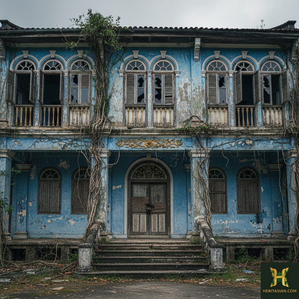 The Blue Mansion Penang: weathered facade with vines and broken windows.