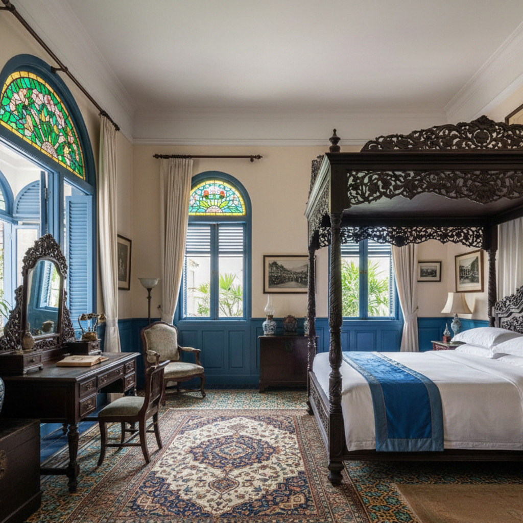 Ornate bedroom in The Blue Mansion Penang with antique furniture and stained glass windows.