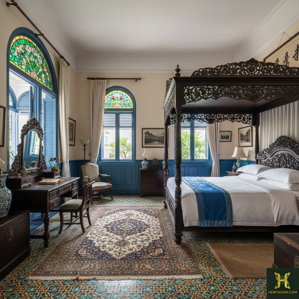 Ornate bedroom in The Blue Mansion Penang with antique furniture and stained glass windows.