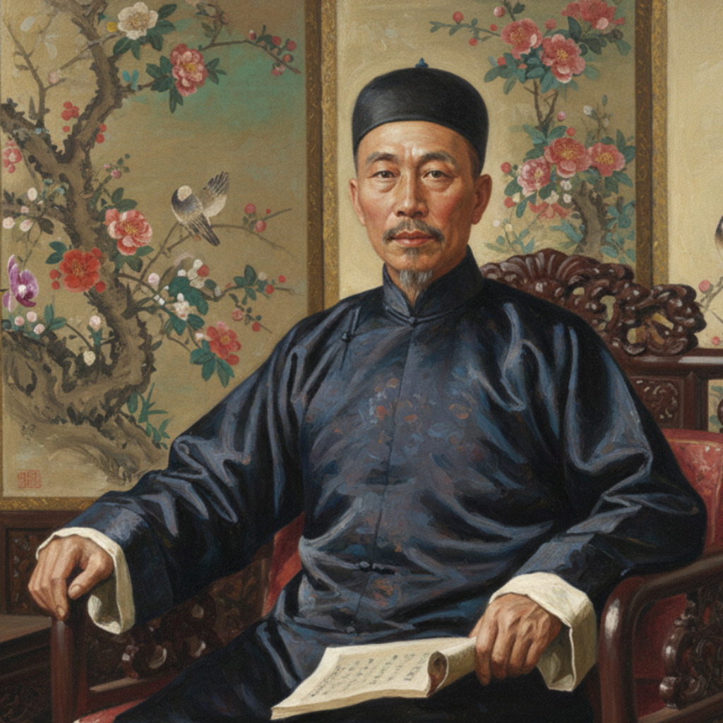 Portrait of a man in traditional Chinese attire in The Blue Mansion Penang, holding a book.