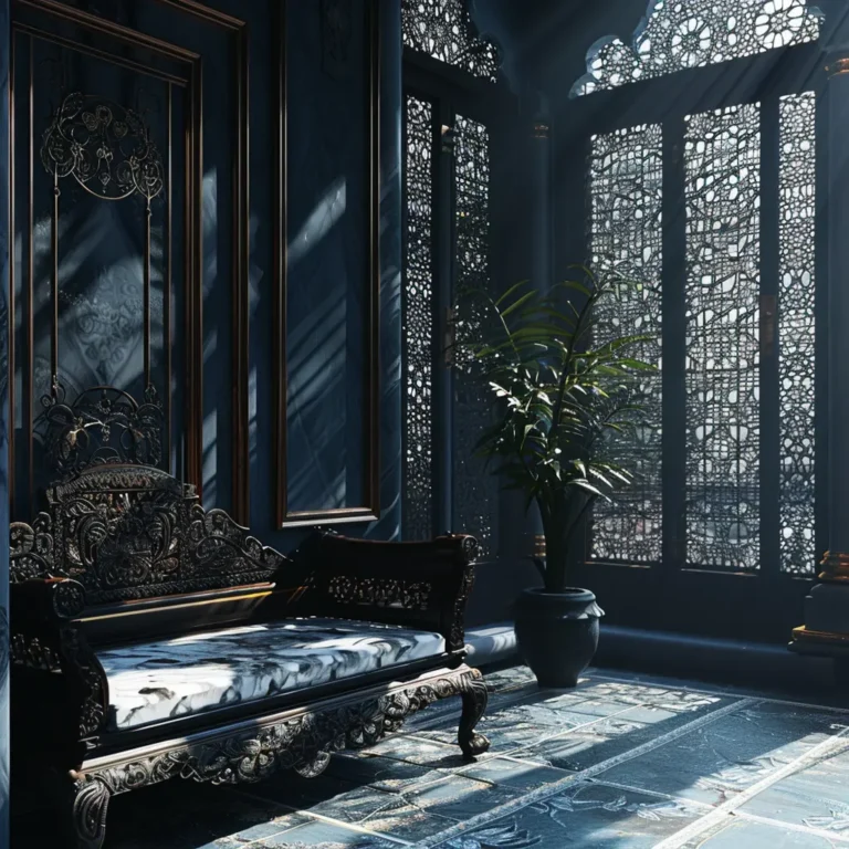 Ornate dark wood daybed with marble cushion in a room at the Cheong Fatt Tze Mansion Hotel.