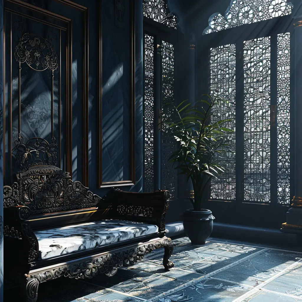 Ornate dark wood daybed with marble cushion in a room at the Cheong Fatt Tze Mansion Hotel.