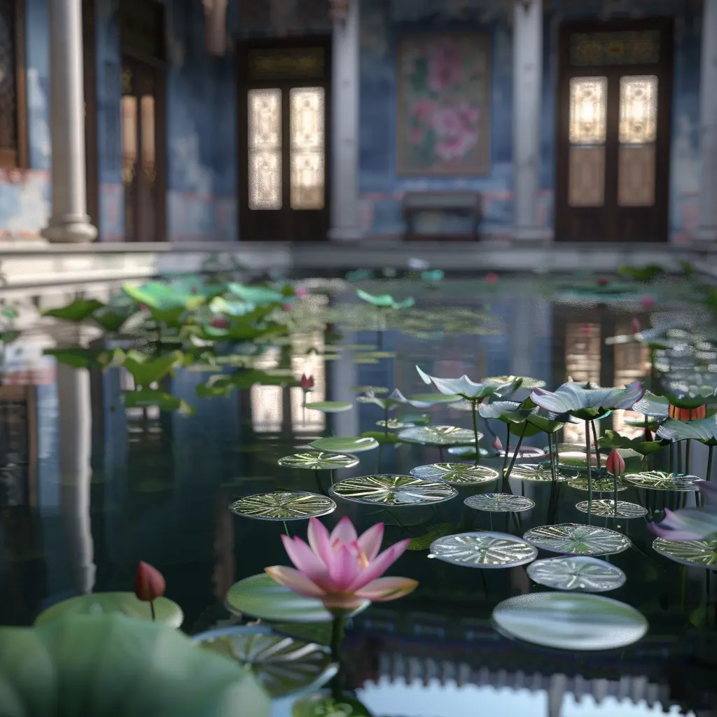 The Blue Mansion Penang reflecting in a lily pond at dusk. Heritage architecture with illuminated balconies.