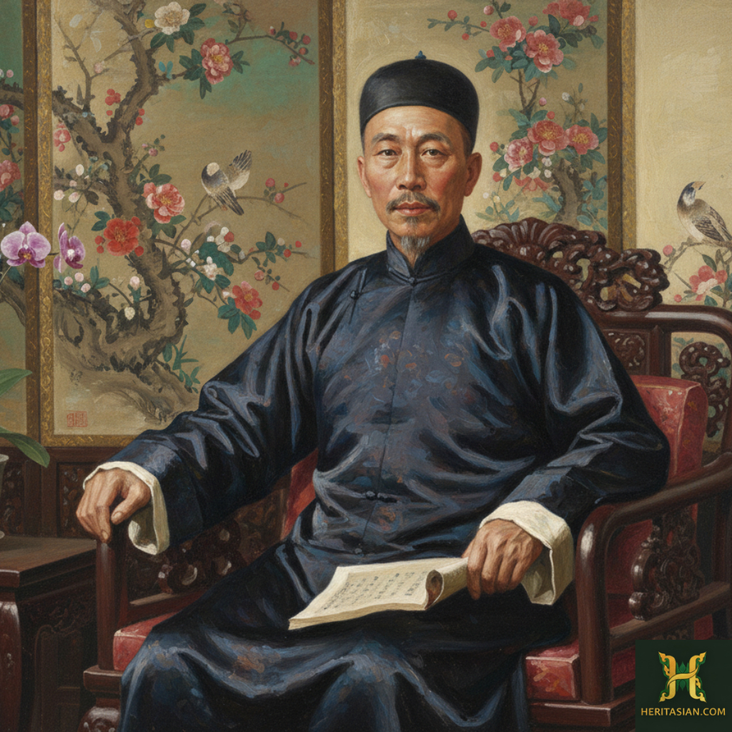 Portrait of a man in traditional Chinese attire in The Blue Mansion Penang, holding a book.