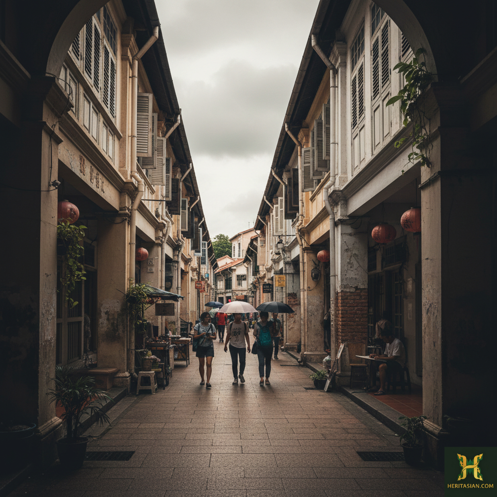 Street view of adaptive reuse architecture in Singapore, featuring historic buildings and pedestrians with umbrellas.