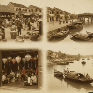 Vintage collage of Hoi An, Vietnam, showcasing its historic streets, river, boats, and lantern shop. History of Hoi An.