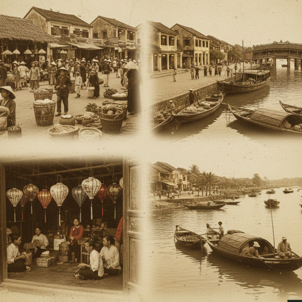 Vintage collage of Hoi An, Vietnam, showcasing its historic streets, river, boats, and lantern shop. History of Hoi An.