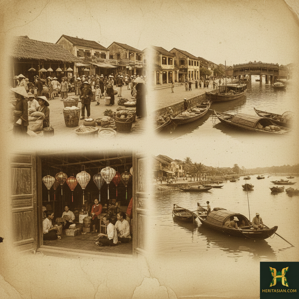 Hoi An, Vietnam historical scenes: market, boats on the river, lantern shop.