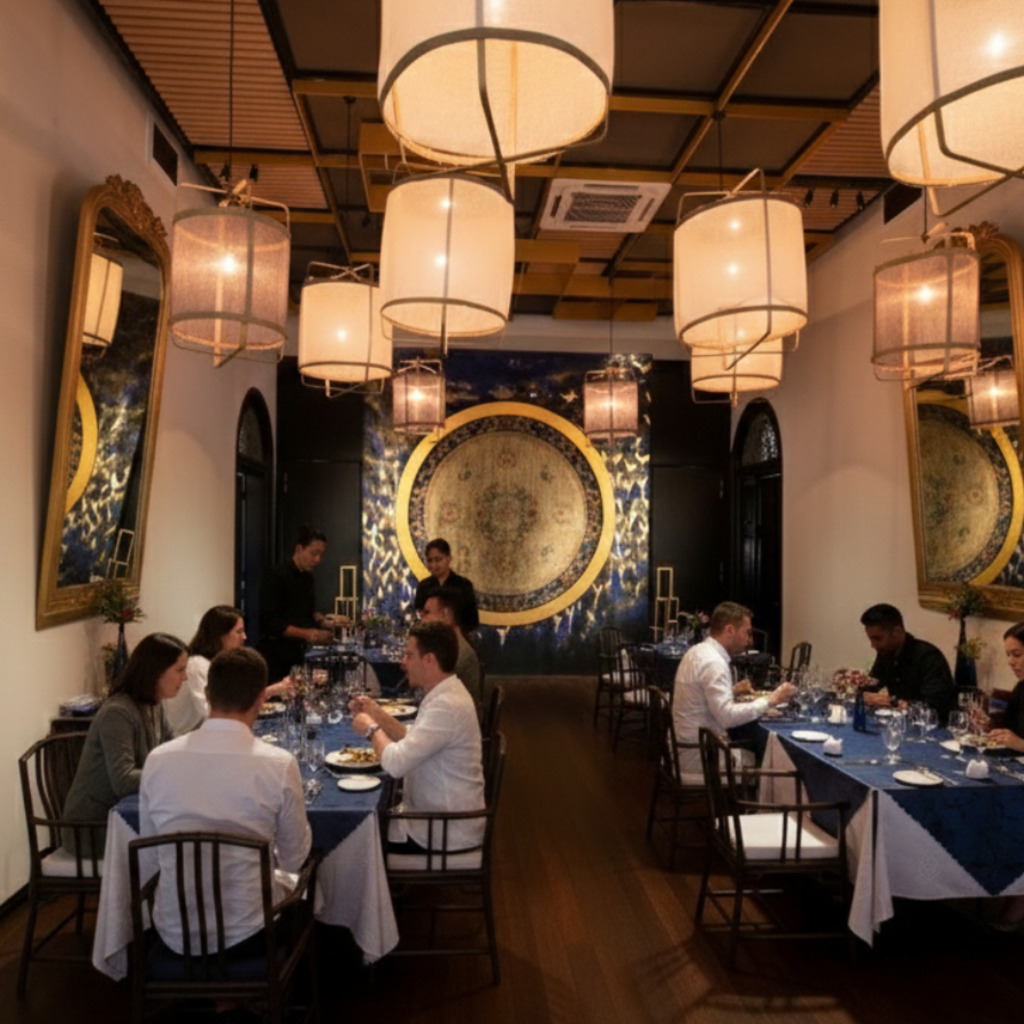 Elegant dining room at the Blue Mansion Penang, with guests seated at tables.